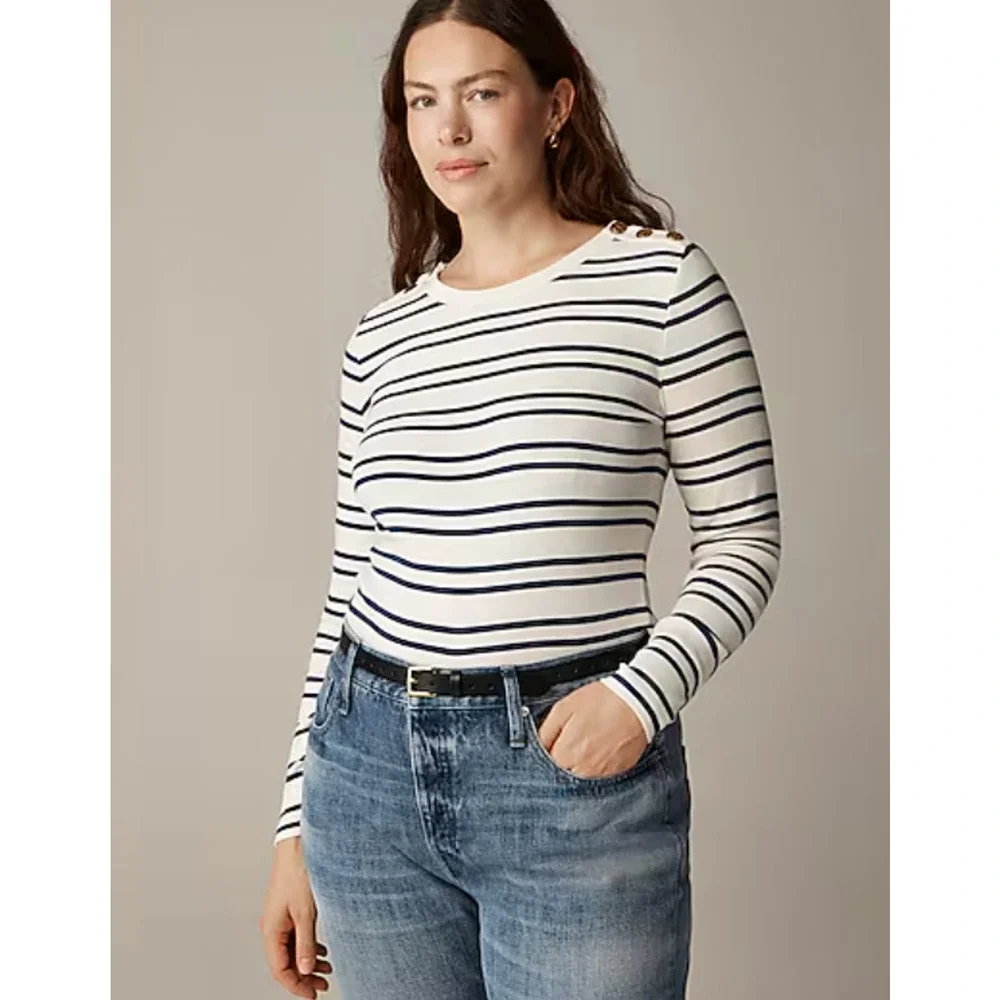 J Crew Perfect Fit Stripe Button Tee XXS NWT Blue White CC981 J.Crew Nautical